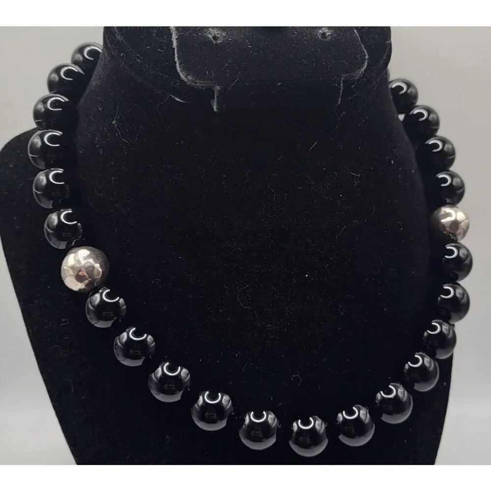 Vintage Estate Chunky Black Onyx Glass Sterling Silver Necklace 17.5in